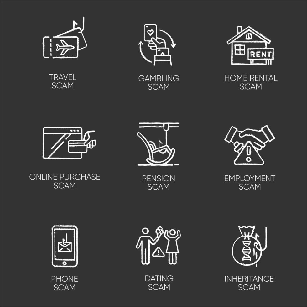 types d'escroquerie ensemble d'icônes de craie. voyage, jeu, programme de rencontres. retraite, héritage, astuce de l'emploi. téléphone, achat en ligne, arnaque à la location de maison. cybercriminalité. illustrations de tableau de vecteur isolé