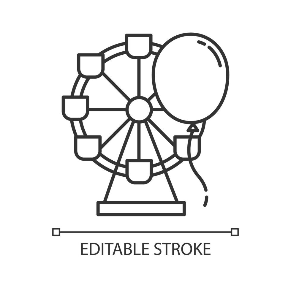 icône linéaire de l'industrie du divertissement. zone de loisirs. parc d'attractions. fête foraine. grande roue et ballon. illustration de la ligne mince. symbole de contour. dessin de contour isolé de vecteur. trait modifiable vecteur