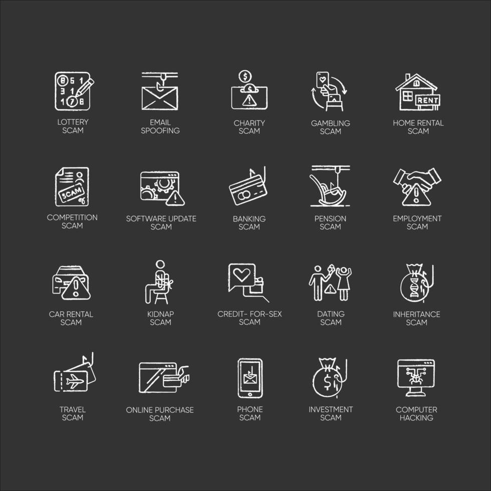 types d'escroquerie ensemble d'icônes de craie. malware. investissement, programmes de location. astuces de phishing. cybercriminalité. activités malveillantes. fraude financière. gain d'argent illégal. illustrations de tableau de vecteur isolé