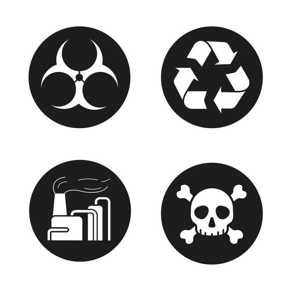 ensemble d'icônes de pollution industrielle. symboles de danger biologique et de recyclage, usine chimique et crâne avec os croisés. illustrations vectorielles blanches dans des cercles noirs vecteur