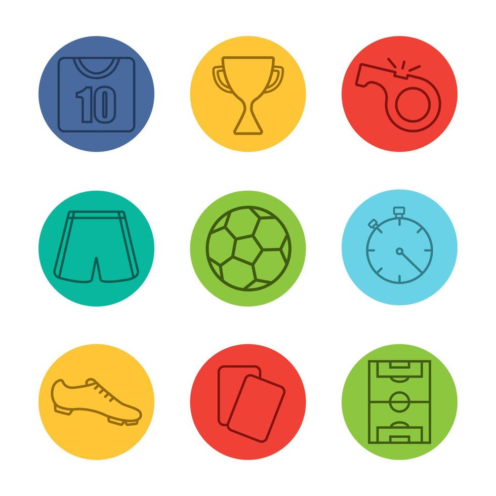 Ensemble d'icônes linéaires d'équipement de football. kit de joueur de football, ballon de football, terrain, récompense, sifflet, cartes d'arbitre, chronomètre. maillot de football, short et botte. fine ligne sur les cercles de couleur. illustrations vectorielles vecteur