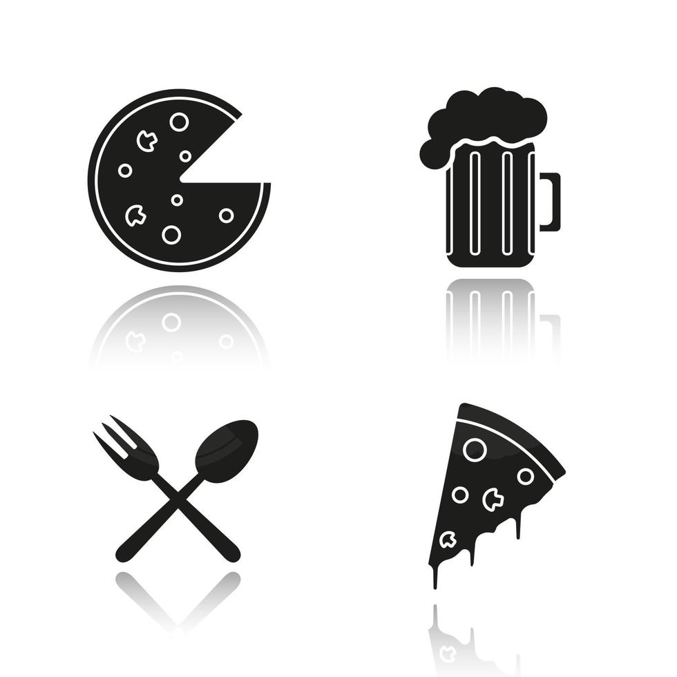 pizzeria ombre portée ensemble d'icônes noires. tranche de pizza, verre à bière mousseux, fourchette de restaurant et symbole de cuillère. illustrations vectorielles isolées vecteur