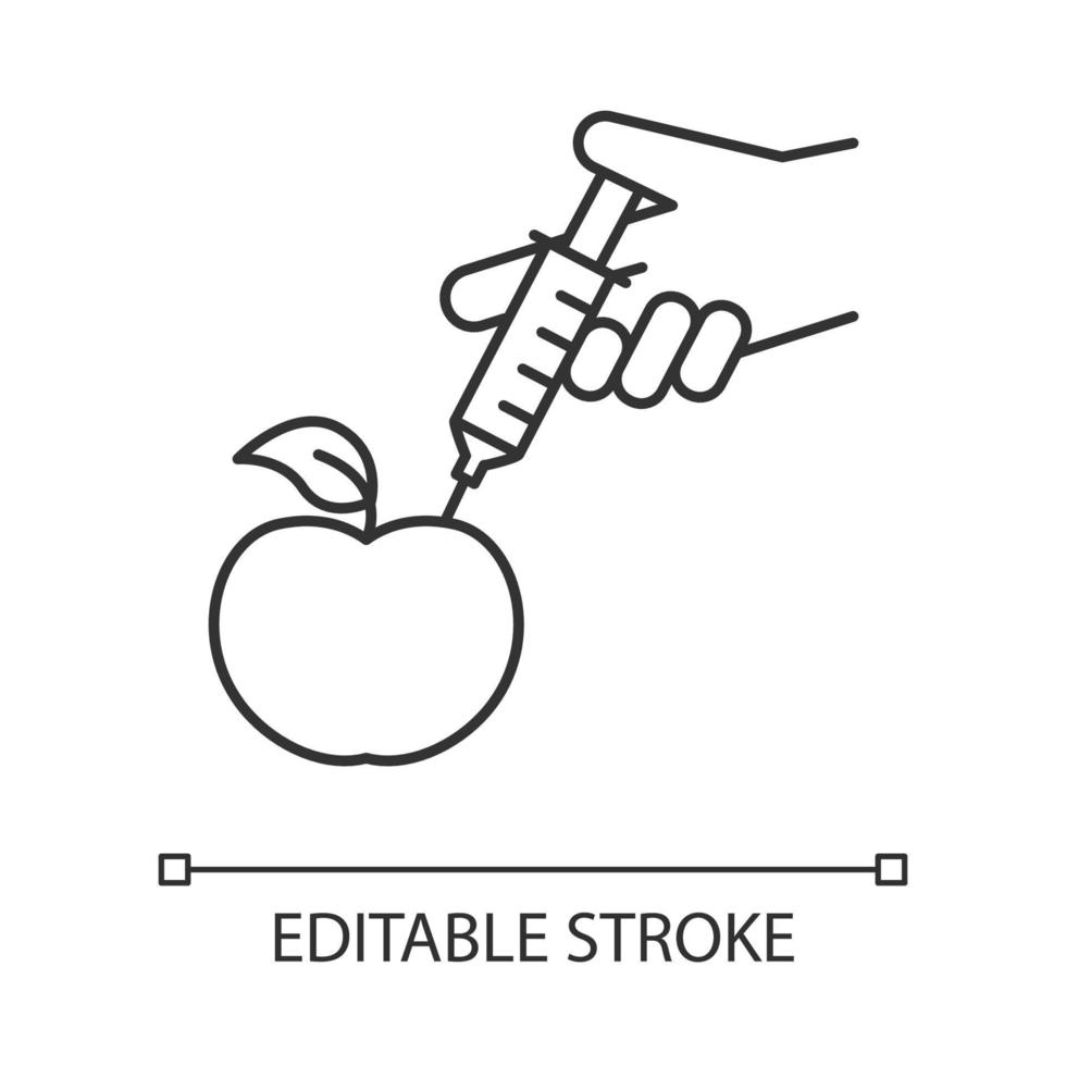 pomme avec icône linéaire de seringue. nourriture génétiquement modifiée. chimie organique. modification de l'adn. illustration de la ligne mince. symbole de contour. dessin de contour isolé de vecteur. trait modifiable vecteur