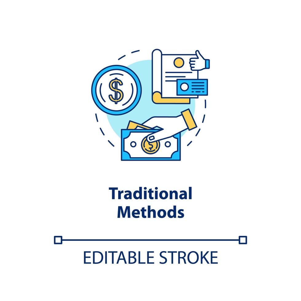 icône de concept de méthodes de paiement traditionnelles. paiement avec l'illustration de la ligne mince de l'idée de l'argent physique. espèces et pièces de monnaie. Chèque. devise. dessin de contour isolé de vecteur. trait modifiable vecteur