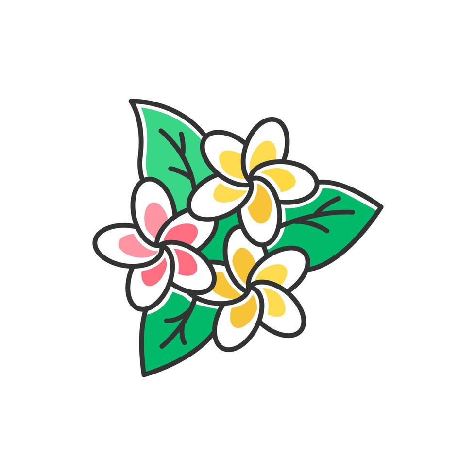 icône de couleur d'inflorescence de plumeria. fleurs de la région exotique. flore des jungles indonésiennes. petites plantes tropicales. fleur de frangipanier avec des feuilles. nature de bali. illustration vectorielle isolée vecteur