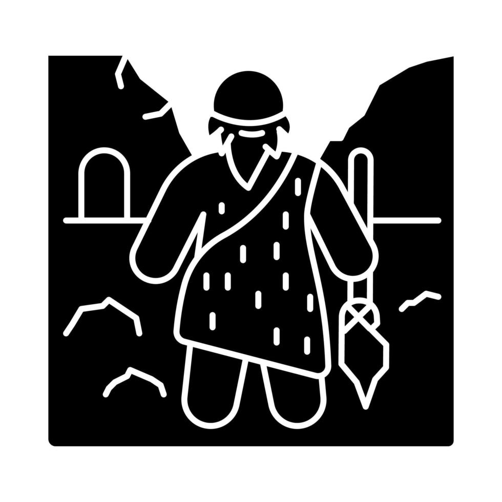 icône de glyphe d'homme des cavernes. homme préhistorique avec barbe. chasseur primitif avec lance. néandertal dans la vieillesse. ancêtre debout avec une arme. symbole de silhouette. espace négatif. illustration vectorielle isolée vecteur