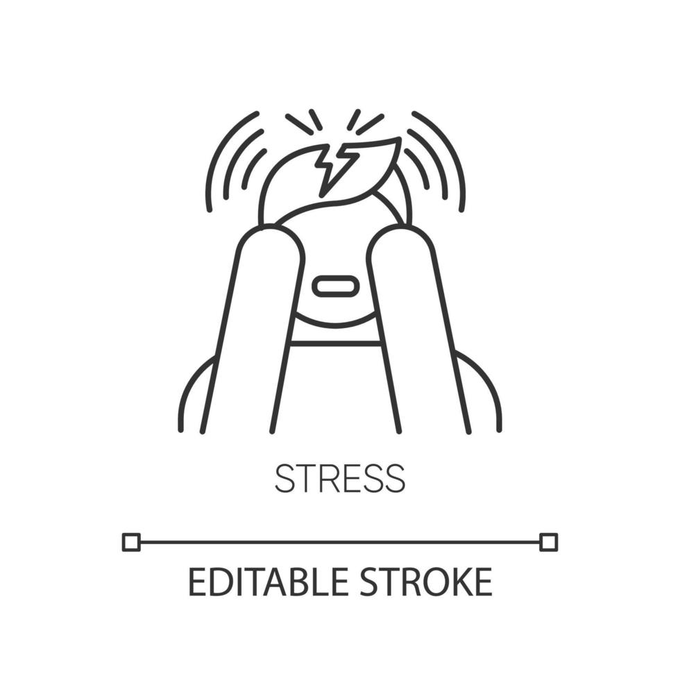 icône linéaire de stress. anxiété et attaque de panique. migraine et maux de tête. problème psychologique. désordre mental. illustration de la ligne mince. symbole de contour. dessin de contour isolé de vecteur. trait modifiable vecteur