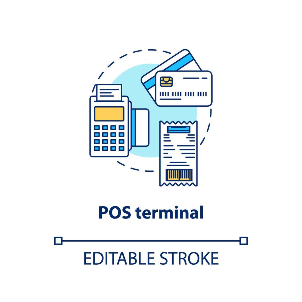 icône de concept de terminal pos. illustration de la ligne mince de l'idée terminale. appareil électronique. transaction financière. appareil de paiement. point de vente, achat. dessin de contour isolé de vecteur. trait modifiable vecteur