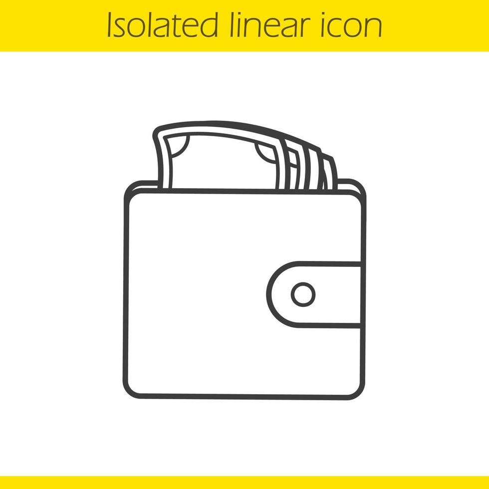 portefeuille avec icône linéaire de l'argent. illustration de la ligne mince. symbole de contour de sac à main pour hommes. dessin de contour isolé de vecteur