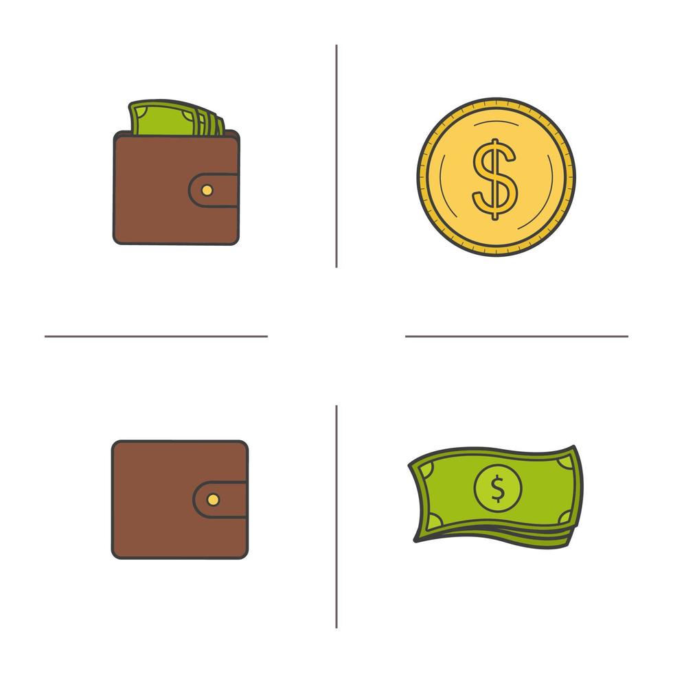 jeu d'icônes de couleur argent. portefeuille avec de l'argent, un sac à main, une pile de devises et une pièce d'un dollar en or. illustrations vectorielles isolées vecteur