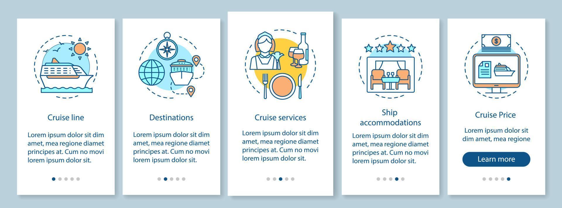 offres de croisière à bord de l'écran de la page de l'application mobile, concepts linéaires. voyage, instructions graphiques pas à pas pour la planification du voyage. prestations, tarifs, destinations. ux, ui, modèle vectoriel gui, illustration