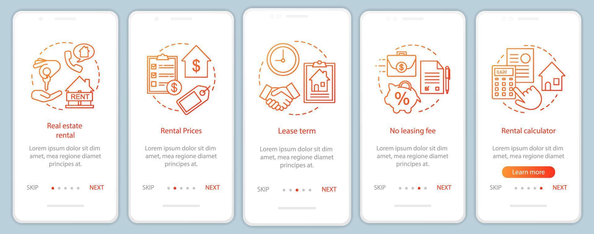 Écran de page d'application mobile d'intégration de location de propriété avec des concepts linéaires. agence immobilière, marche à suivre pas à pas du marché instructions graphiques. modèle vectoriel ux, ui, gui avec illustrations