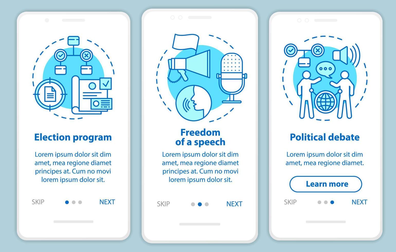 écran de page d'application mobile d'intégration des élections avec des concepts linéaires. programme électoral, débat politique. instructions graphiques en trois étapes. modèle vectoriel ux, ui, gui avec illustrations