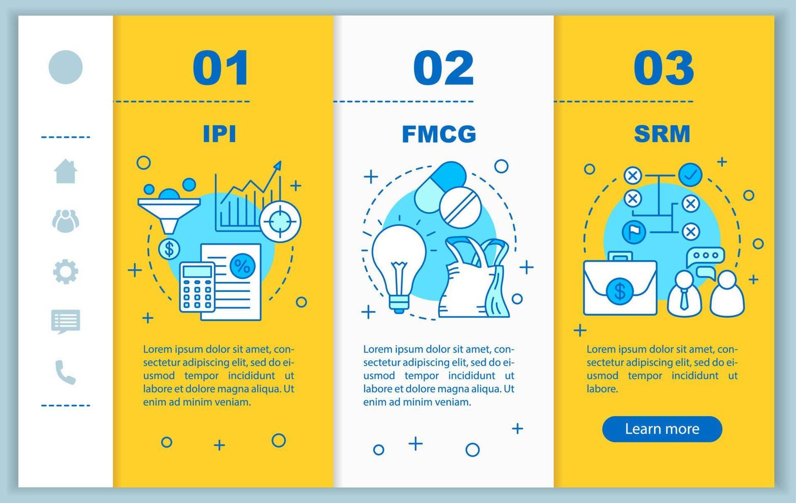 gestion de l'industrie à bord du modèle vectoriel de pages Web mobiles. ipi, fmcg, srm. idée d'interface de site Web de smartphone réactif avec illustration linéaire. écrans d'étape pas à pas de page Web. notion de couleur