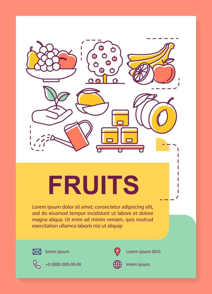 mise en page du modèle d'affiche de production de fruits. cultiver des produits biologiques. bannière, brochure, conception d'impression de dépliant avec des icônes linéaires. mises en page de brochures vectorielles pour magazines, dépliants publicitaires vecteur