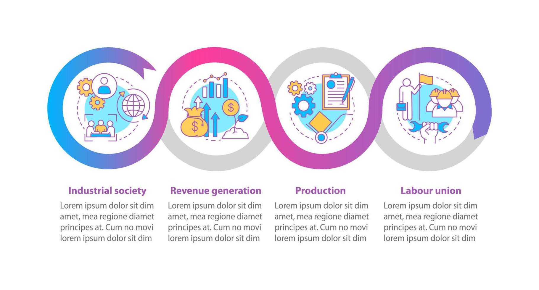 modèle d'infographie vectorielle de processus de production. éléments de conception de présentation d'entreprise. visualisation des données avec quatre étapes et options. chronologie du processus. disposition du flux de travail avec des icônes linéaires vecteur