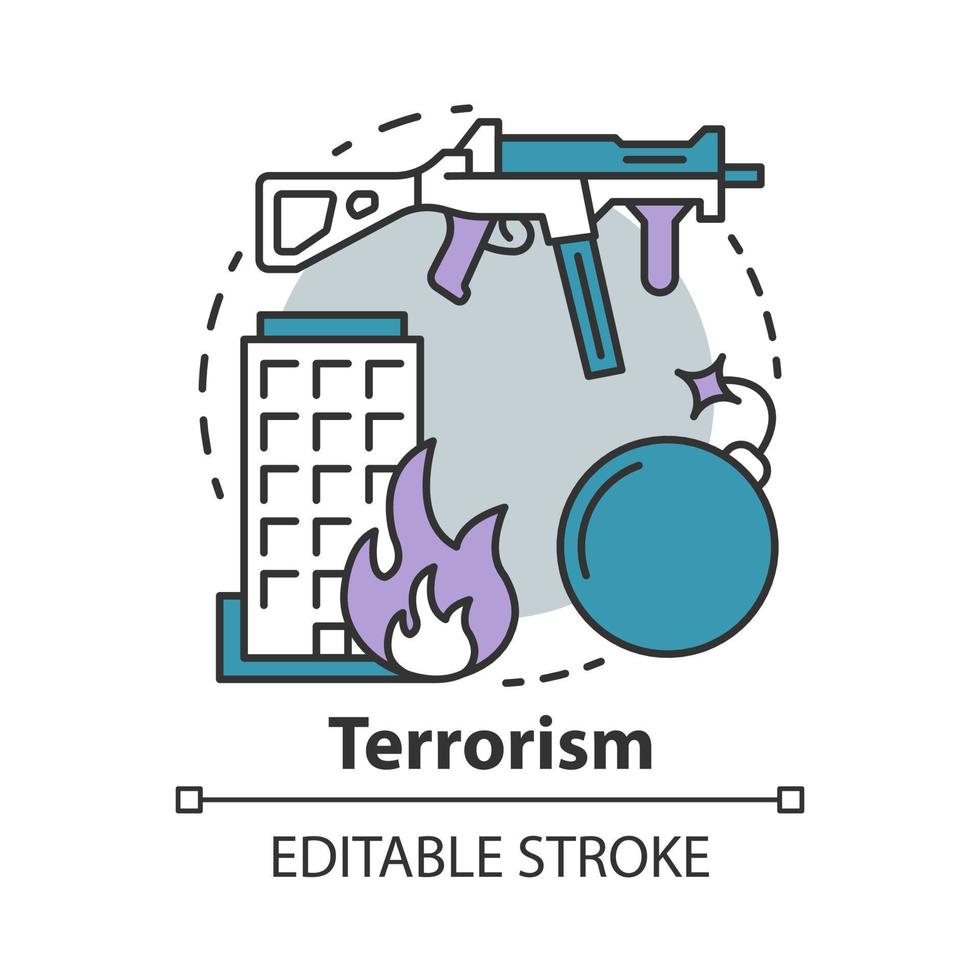 icône de concept de terrorisme. illustration de ligne mince idée de violence armée. guerre et terreur. attaque militaire terroriste, explosion. extrémisme. fusil et bombe. dessin de contour isolé de vecteur. trait modifiable vecteur