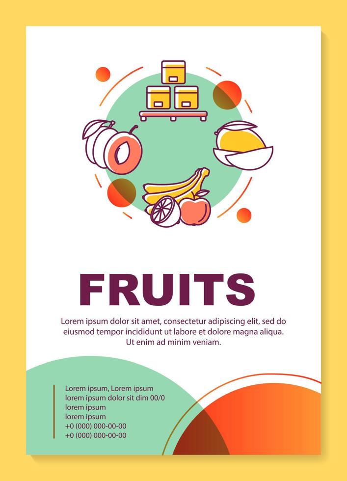 mise en page du modèle d'affiche de production de fruits. cultiver des produits biologiques. bannière, brochure, conception d'impression de dépliant avec des icônes linéaires. mises en page de brochures vectorielles pour magazines, dépliants publicitaires vecteur