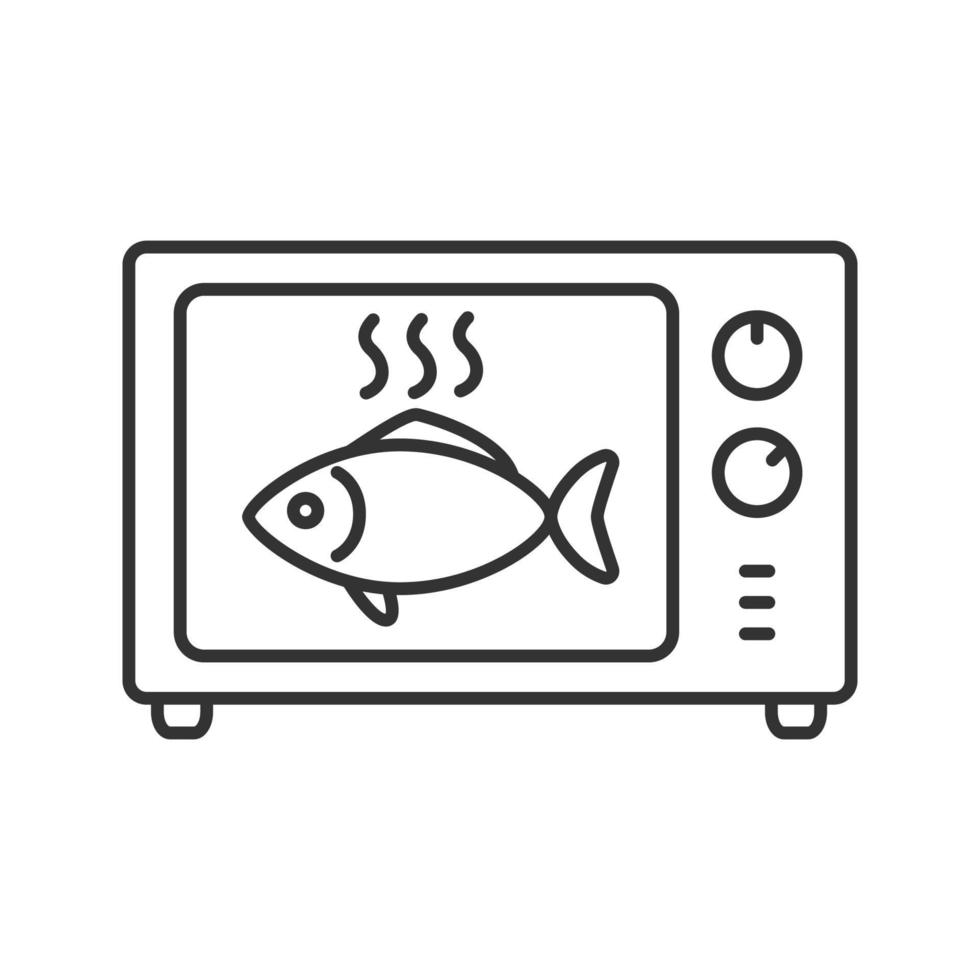 cuisson du poisson dans l'icône linéaire du four à micro-ondes. illustration de la ligne mince. réchauffer le repas. symbole de contour. dessin isolé de vecteur