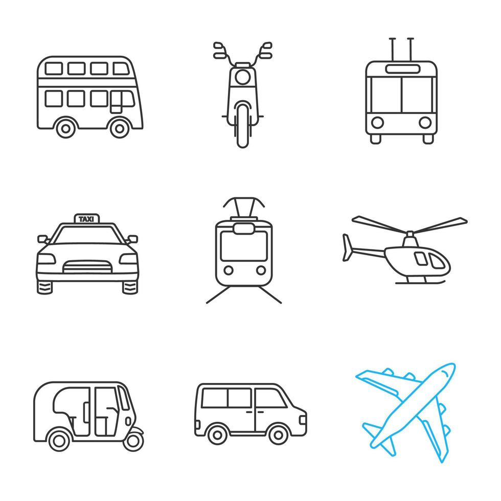 Ensemble d'icônes linéaires de transport public. bus à impériale, scooter, trolleybus, taxi, tram, hélicoptère, pousse-pousse, minibus, avion. symboles de contour de ligne mince. illustrations de contour de vecteur isolé