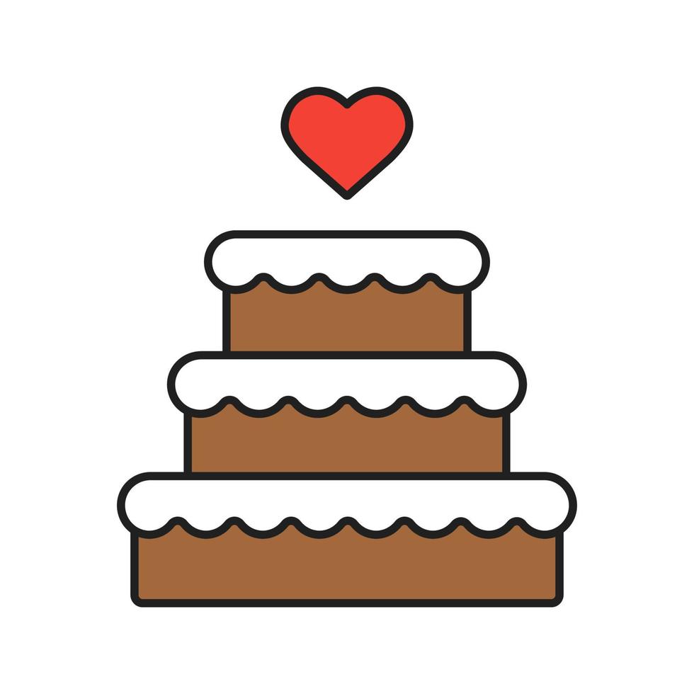 icône de couleur de gâteau de mariage. gâteau au chocolat avec forme de coeur ci-dessus. illustrations vectorielles isolées vecteur