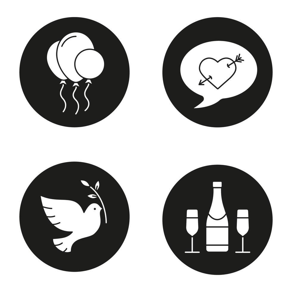 jeu d'icônes de vacances. montgolfières, courrier d'amour, colombe avec rameau d'olivier, champagne. jour de la paix, saint valentin, symboles de fête d'anniversaire. illustrations vectorielles de silhouettes blanches dans des cercles noirs vecteur