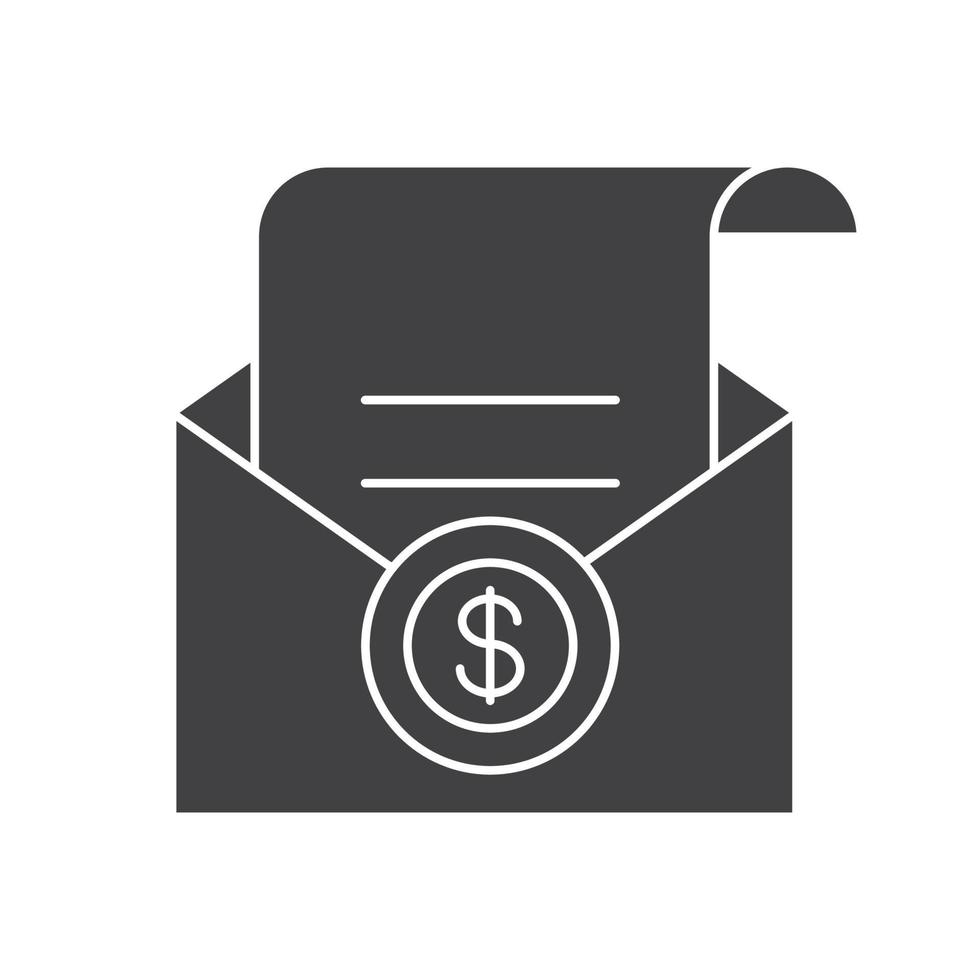 icône de glyphe de salaire. symbole de silhouette. vérifier dans une enveloppe ouverte. espace négatif. illustration vectorielle isolée vecteur