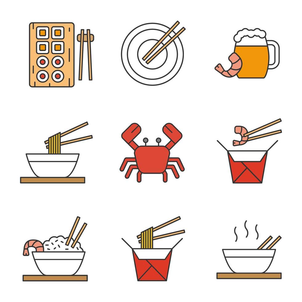 Ensemble d'icônes de couleur de nourriture chinoise. sushi, nouilles, ramen, riz frit avec des baguettes de fruits de mer, bière, crabe. illustrations vectorielles isolées vecteur