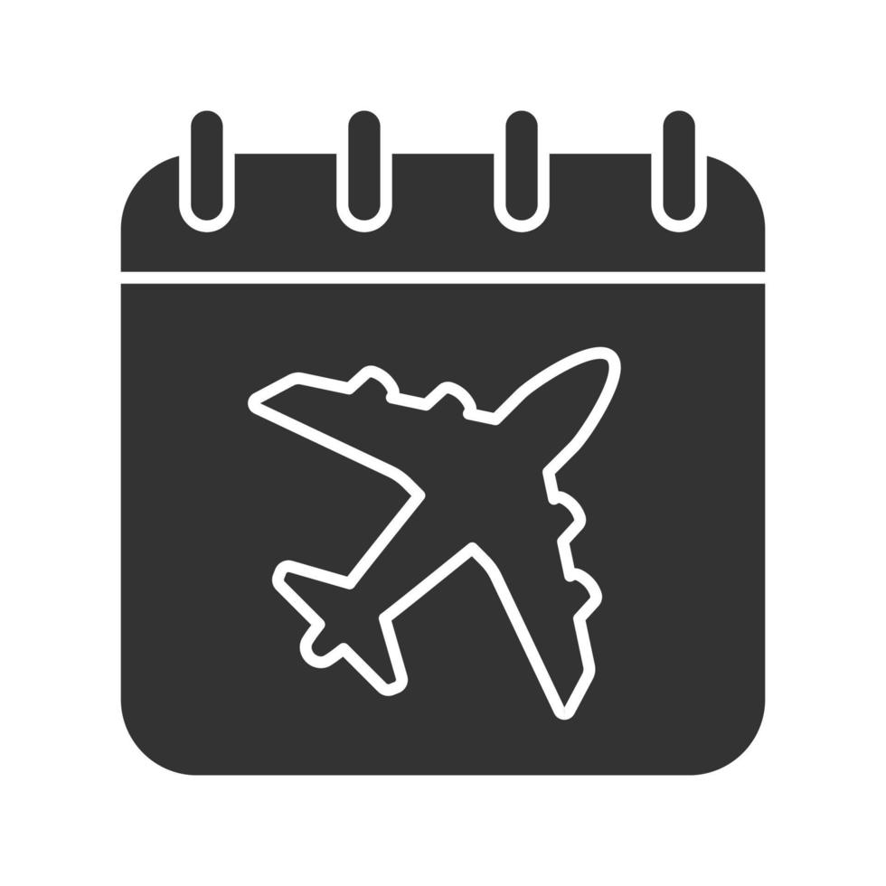 icône de glyphe de date de vol. page de calendrier avec avion. date de départ de l'avion. symbole de silhouette. espace négatif. illustration vectorielle isolée vecteur