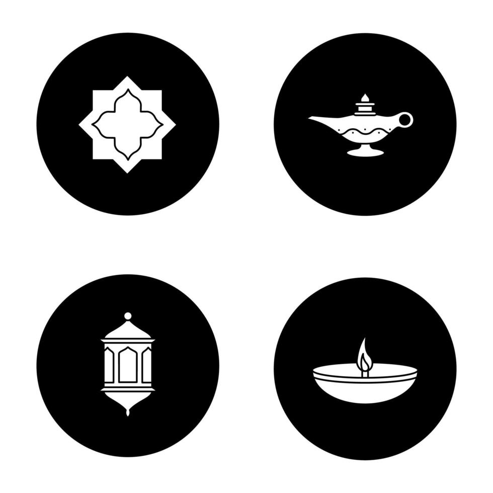 Ensemble d'icônes de glyphe de culture islamique. étoile musulmane, lanterne, lampes à huile. illustrations vectorielles de silhouettes blanches dans des cercles noirs vecteur