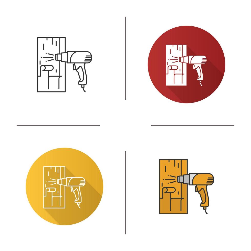 icône de surface de chauffage de pistolet à air chaud. décapage de peinture. design plat, styles linéaires et de couleur. illustrations vectorielles isolées vecteur