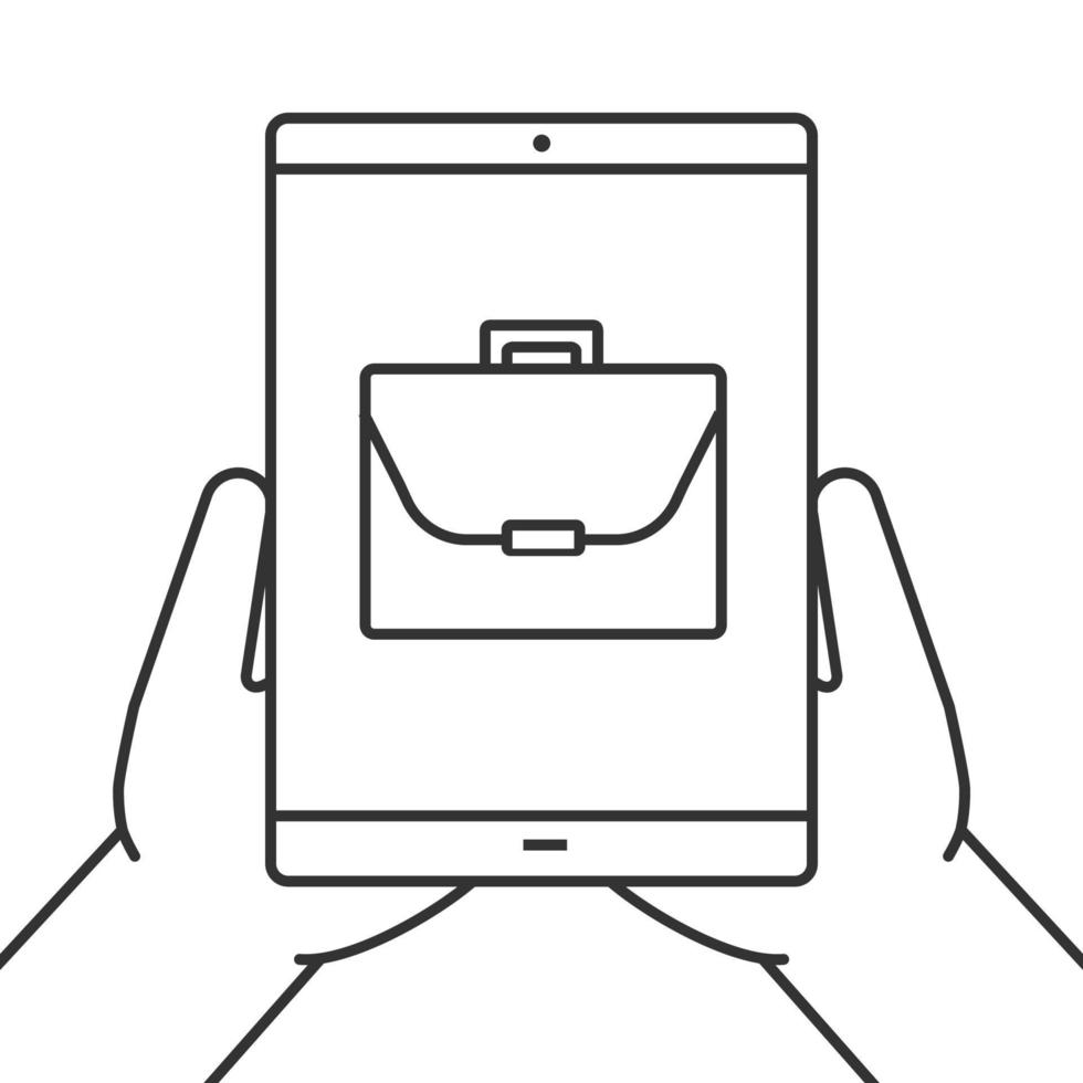 mains tenant l'icône linéaire de l'ordinateur tablette. indépendant. illustration de la ligne mince. ordinateur tablette avec mallette. symbole de contour. dessin de contour isolé de vecteur