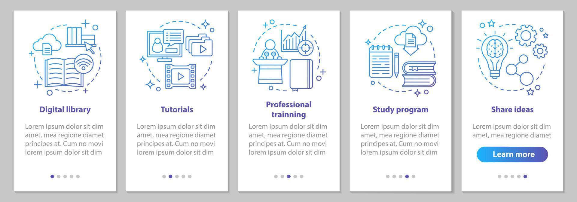 écran de page d'application mobile d'intégration de formation interactive avec des concepts linéaires. programme d'études, bibliothèque numérique, tutoriels, partage d'idées étapes instructions. modèle vectoriel ux, ui, gui avec illustrations