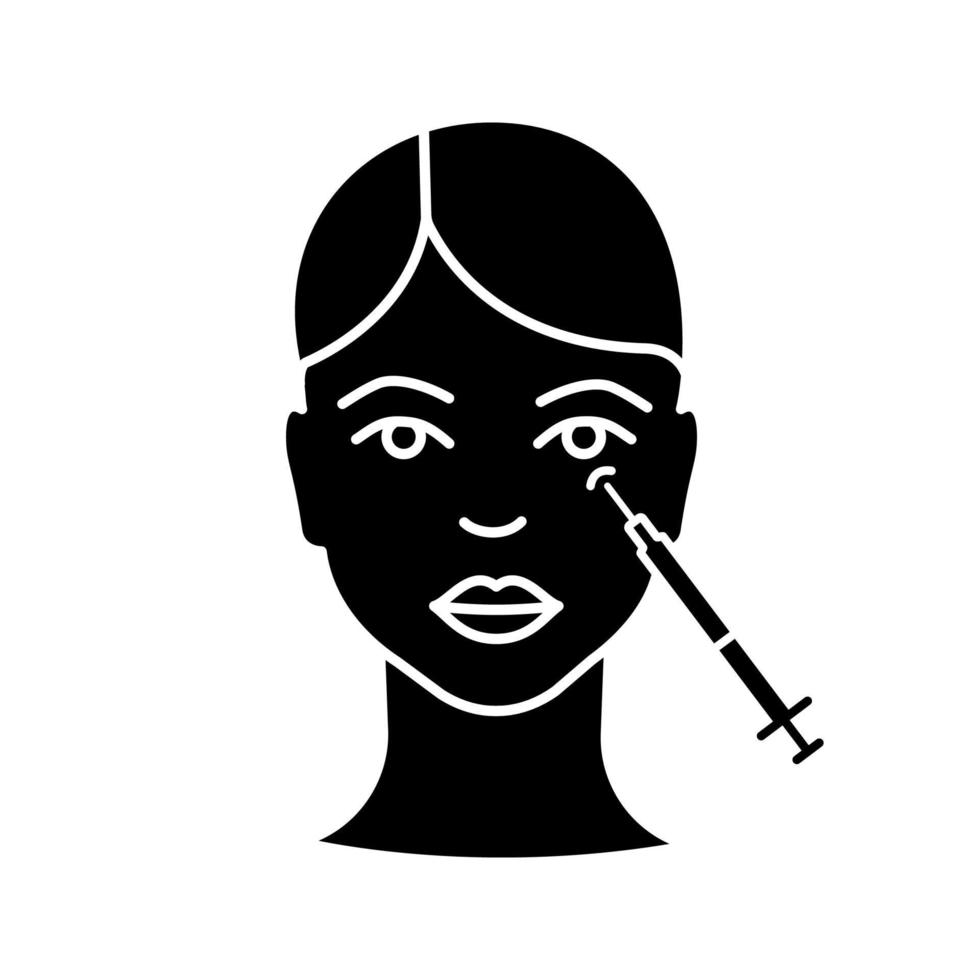 Icône de glyphe d'injection de neurotoxine de pattes d'oie. injection anti-rides contour des yeux. réduction des rides. procédure cosmétique. rajeunissement du visage. symbole de silhouette. espace négatif. illustration vectorielle isolée vecteur