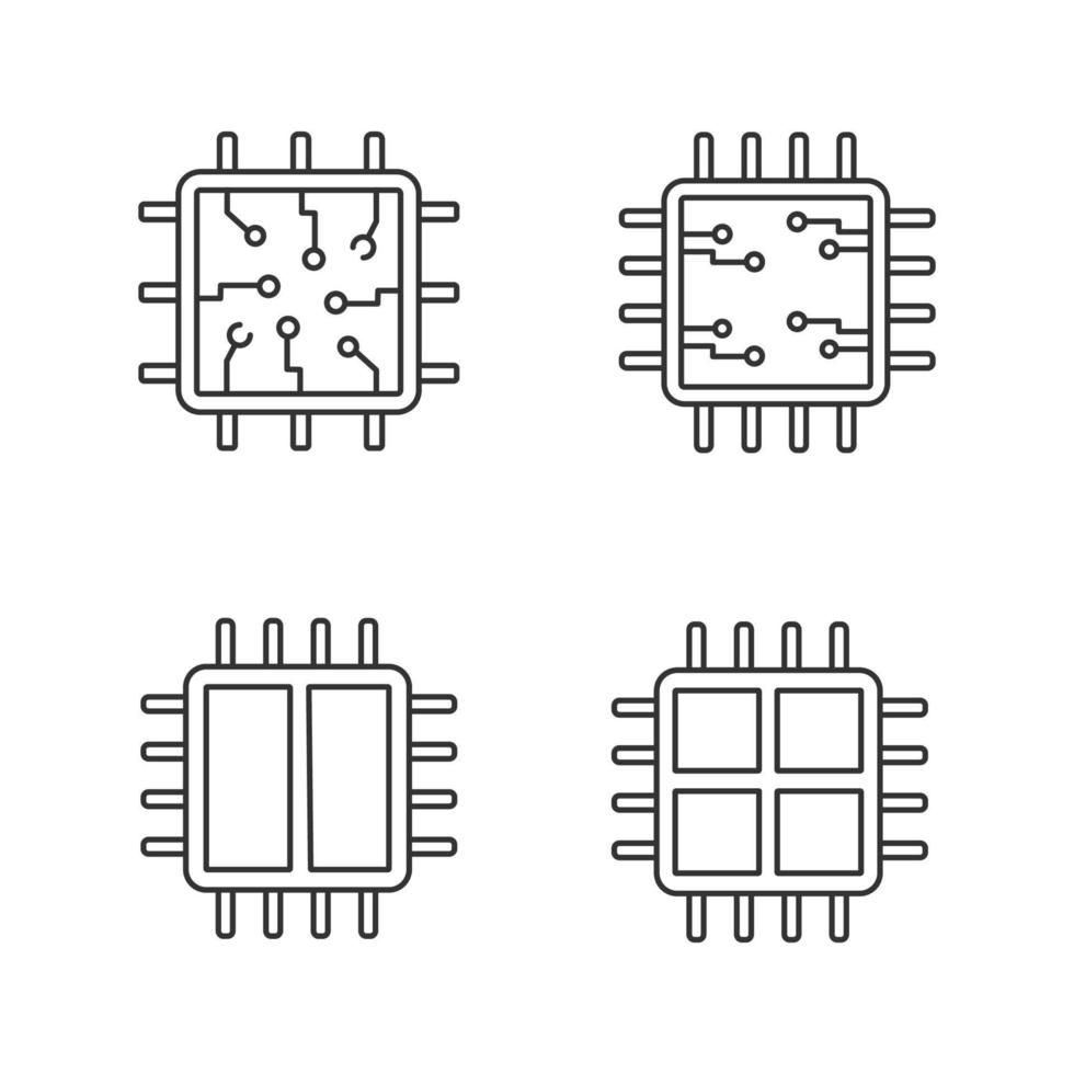 ensemble d'icônes linéaires de processeurs. puce, microprocesseur, unité intégrée, processeurs dual et quad core. symboles de contour de ligne mince. illustrations de contour de vecteur isolé. trait modifiable