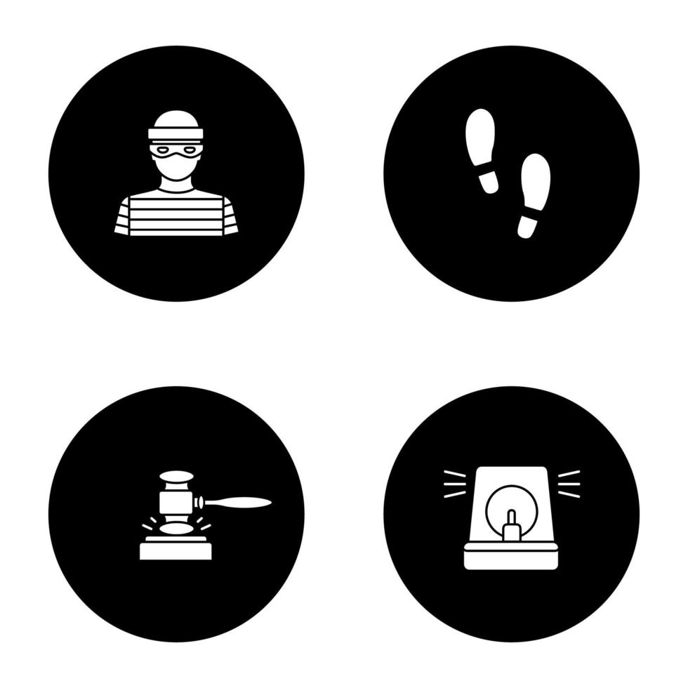 Ensemble d'icônes de glyphe de police. voleur, empreintes de pas, marteau, alarme. illustrations vectorielles de silhouettes blanches dans des cercles noirs vecteur