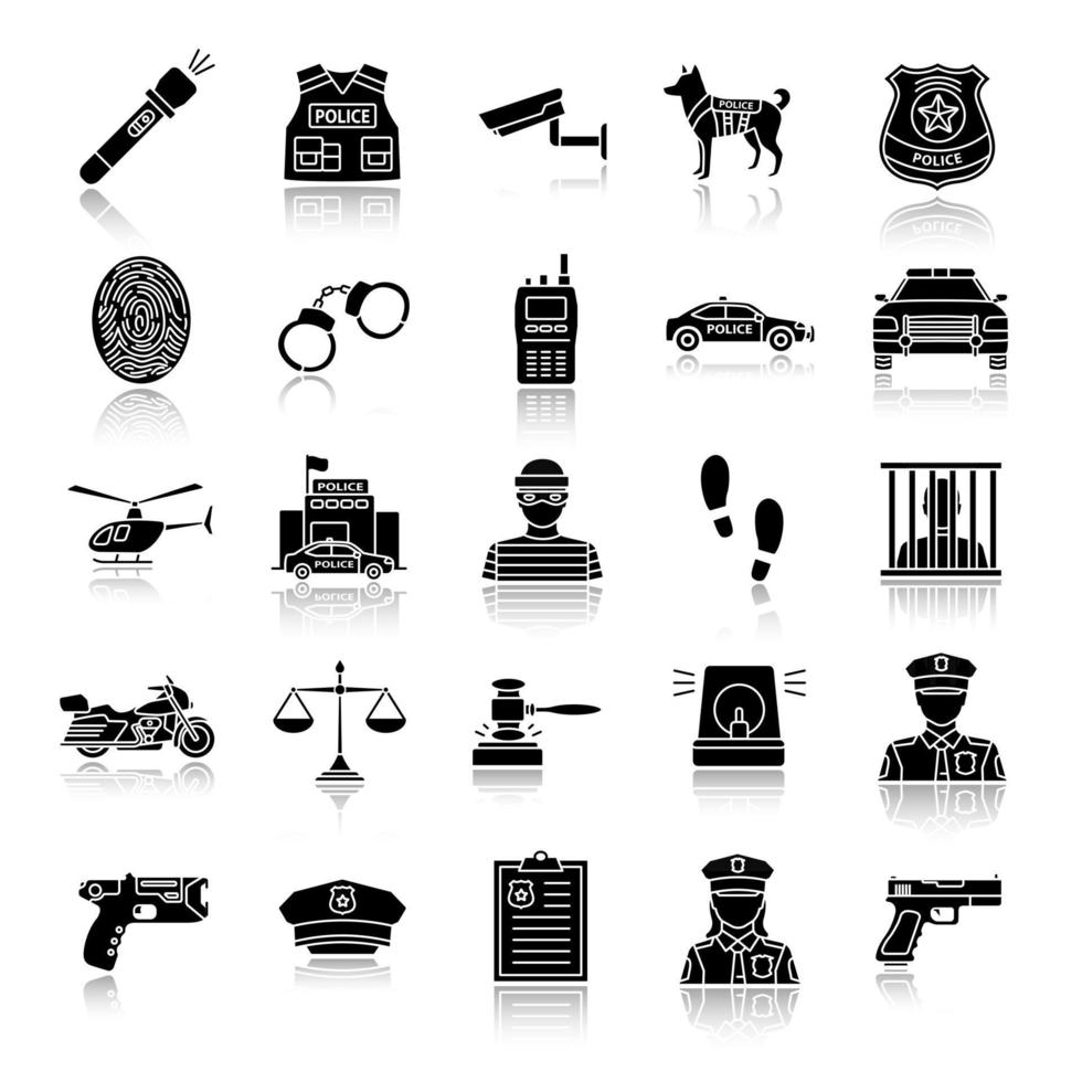 Ensemble d'icônes de glyphe noir ombre portée de la police. forces de l'ordre. transport, équipement de protection, arme. illustrations vectorielles isolées vecteur