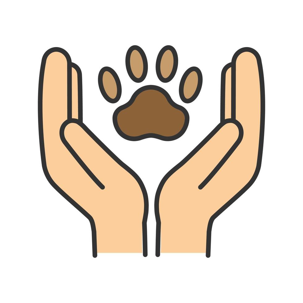 icône de couleur de bien-être animal. mains tenant la patte. soins aux animaux. illustration vectorielle isolée vecteur