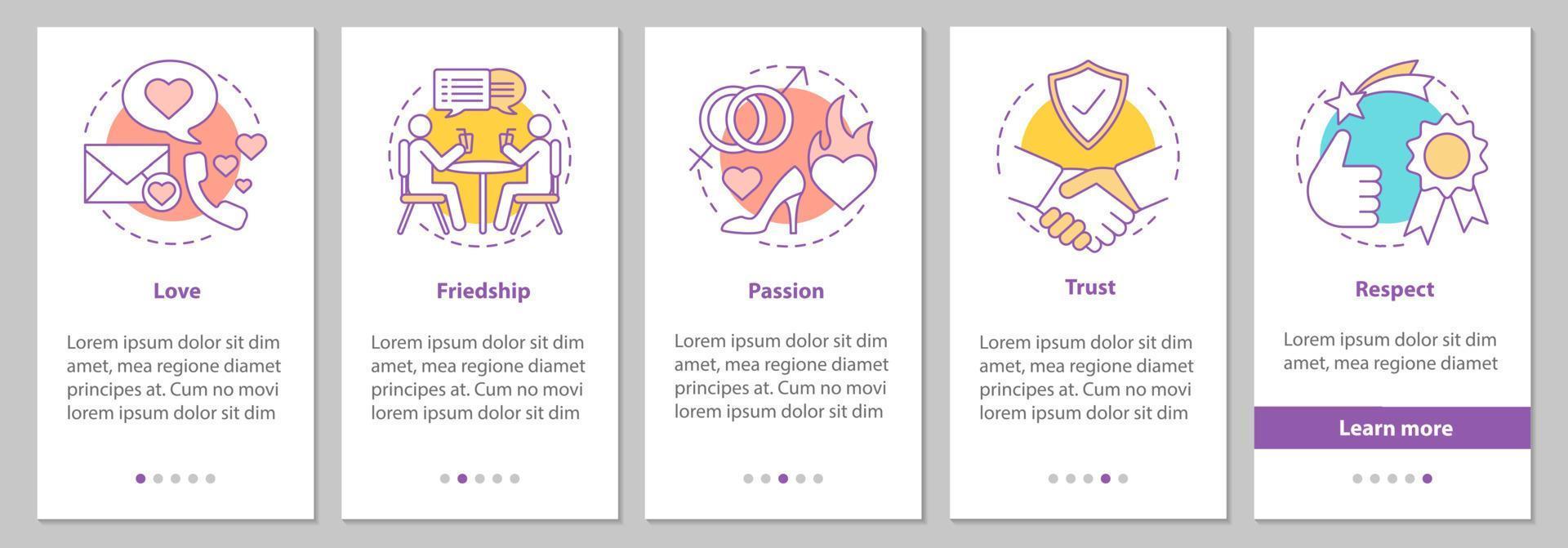 les relations et les sentiments à bord de l'écran de la page de l'application mobile avec des concepts linéaires. amour, respect, confiance, passion, amitié étapes instructions graphiques. modèle vectoriel ux, ui, gui avec illustrations