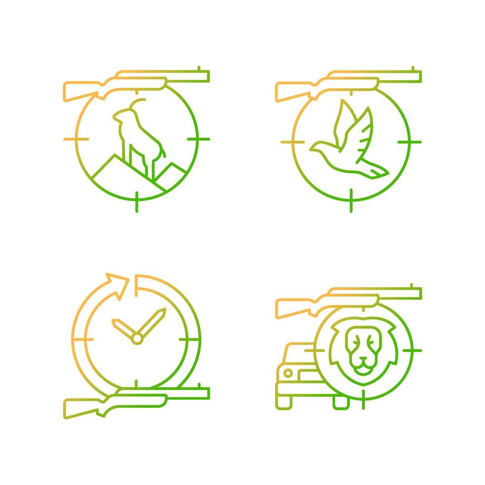 types de chasse ensemble d'icônes vectorielles linéaires dégradées. chasse en montagne. tir aux pigeons. chasse de jour comme de nuit. poursuivre une proie. paquet de symboles de contour de ligne mince. collection d'illustrations de contour isolé vecteur