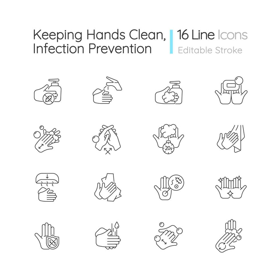 garder les mains propres ensemble d'icônes linéaires. laver à l'eau et au savon. éliminer les micro-organismes pathogènes. symboles de contour de ligne mince personnalisables. illustrations de contour de vecteur isolé. trait modifiable