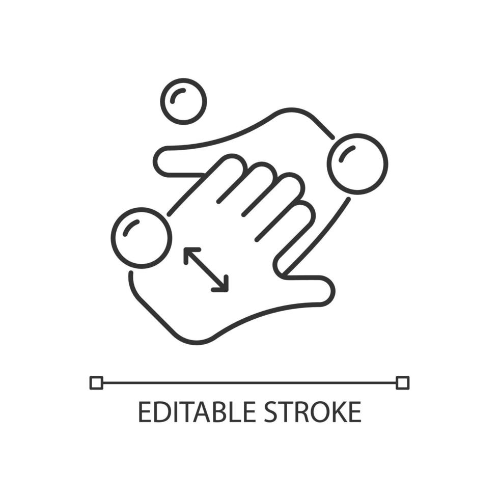 icône linéaire de doigts de tasse. nettoyer les mains et les ongles avec du savon. technique de lavage des mains. illustration personnalisable de fine ligne. symbole de contour. dessin de contour isolé de vecteur. trait modifiable vecteur