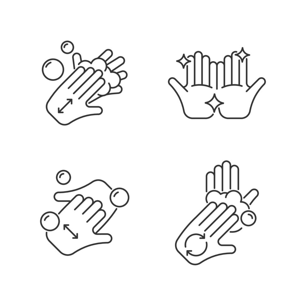 ensemble d'icônes linéaires d'instructions de lavage des mains. frotter les paumes avec du savon. doigts de coupe. symboles de contour de ligne mince personnalisables. illustrations de contour de vecteur isolé. trait modifiable