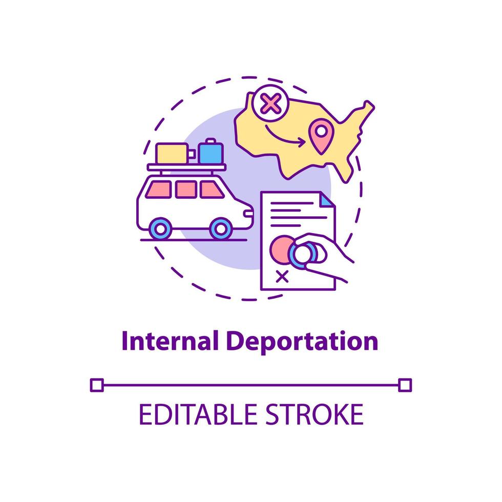 icône de concept de déportation interne. déménager dans un autre pays. entrée refusée. illustration de la ligne mince de l'idée abstraite de la déportation. dessin de couleur de contour isolé de vecteur. trait modifiable vecteur