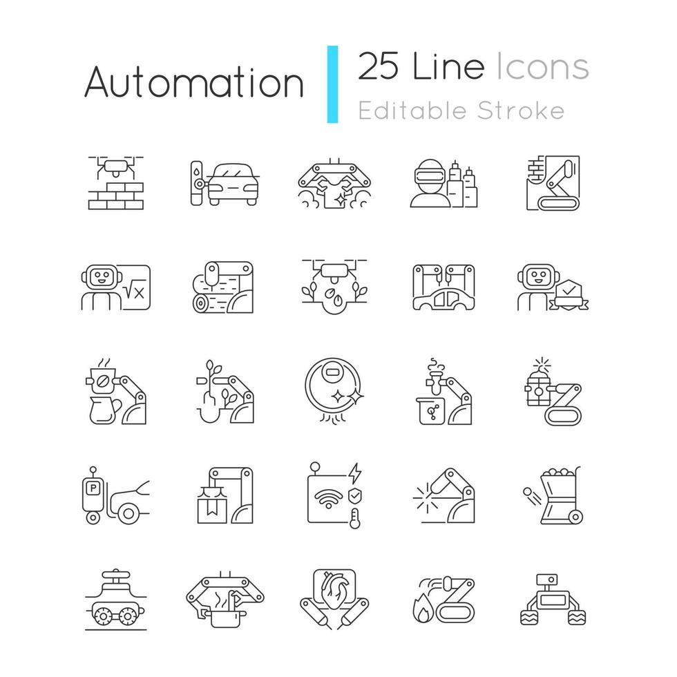 Ensemble d'icônes linéaires d'automatisation. fabrication avancée. améliorer la vie quotidienne. à l'aide de mains robotiques. symboles de contour de ligne mince personnalisables. illustrations de contour de vecteur isolé. trait modifiable