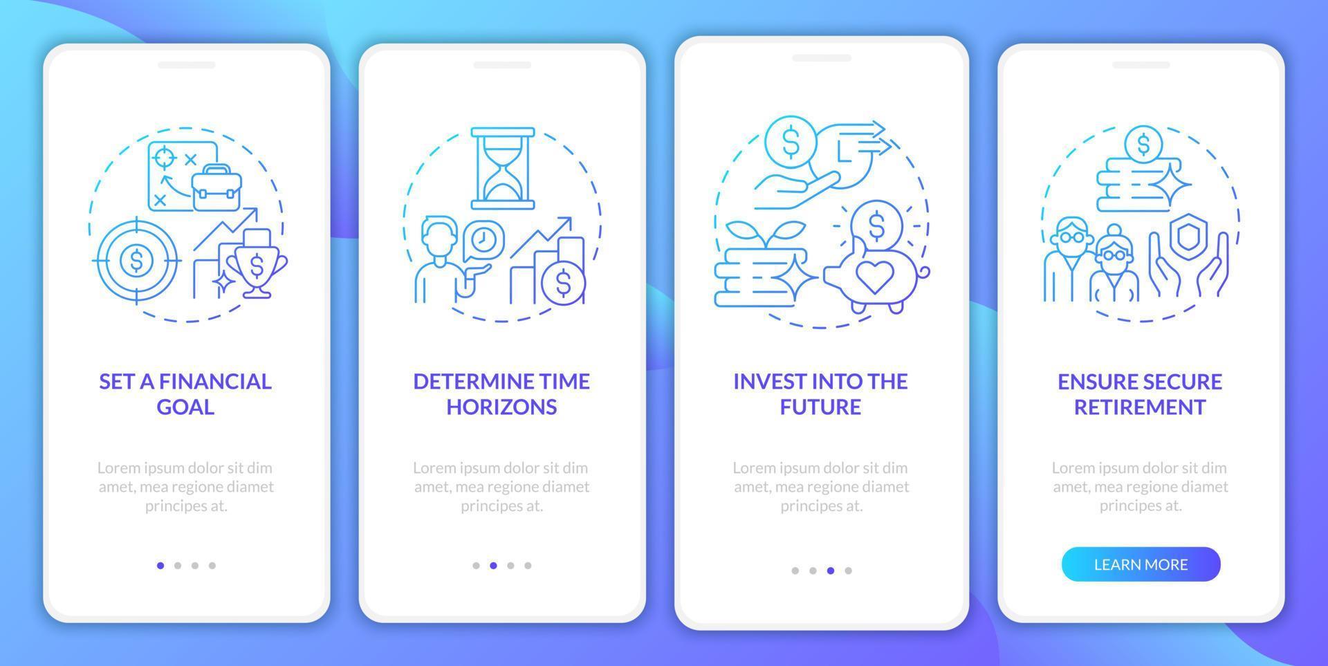 écran de la page de l'application mobile d'intégration des objectifs de retraite du plan. investissements futurs revenus pas à pas instructions graphiques en 4 étapes avec des concepts. modèle vectoriel ui, ux, gui avec des illustrations en couleurs linéaires