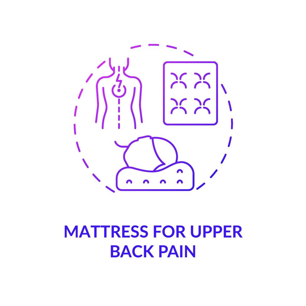 matelas pour l'icône de concept de dégradé violet pour les douleurs dans le haut du dos. mal de cou réduisant l'illustration de la ligne mince de l'idée abstraite. matelas orthopédique, oreiller. dessin en couleur de contour isolé de vecteur