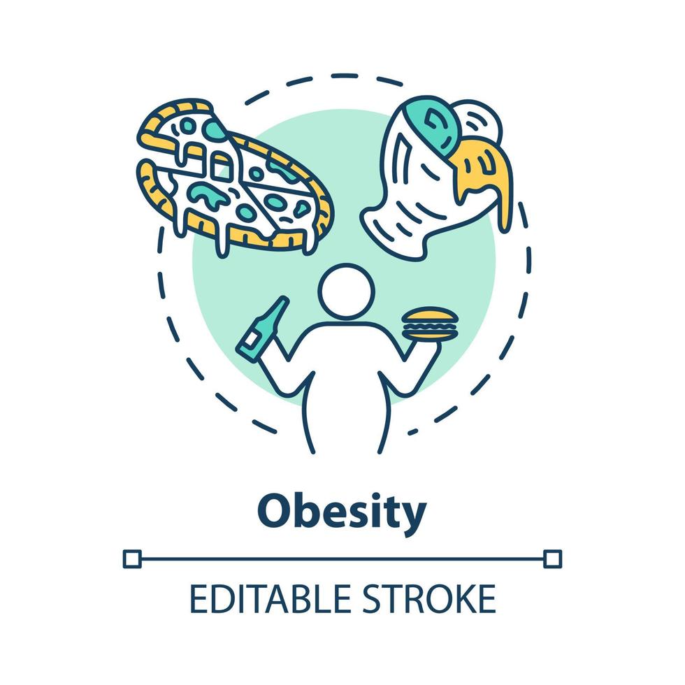 icône de concept d'obésité. habitudes alimentaires malsaines. personne en surpoids. calories provenant de la restauration rapide. illustration de ligne mince idée de surconsommation. dessin de couleur rvb contour isolé vectoriel. trait modifiable vecteur