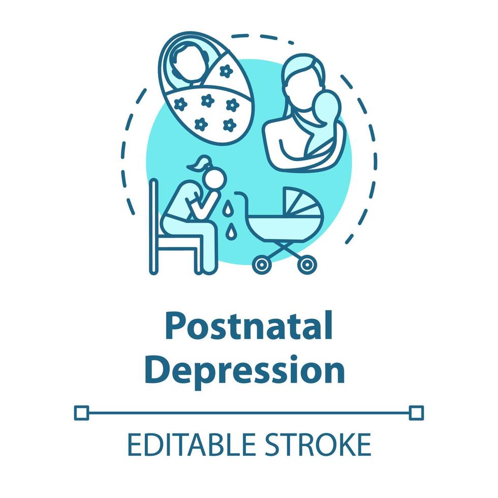 icône de concept de dépression postnatale. dépression postpartum. ppp. jeune mère stressée. illustration de ligne mince idée trouble de l'humeur. dessin de couleur rvb contour isolé vectoriel. trait modifiable vecteur