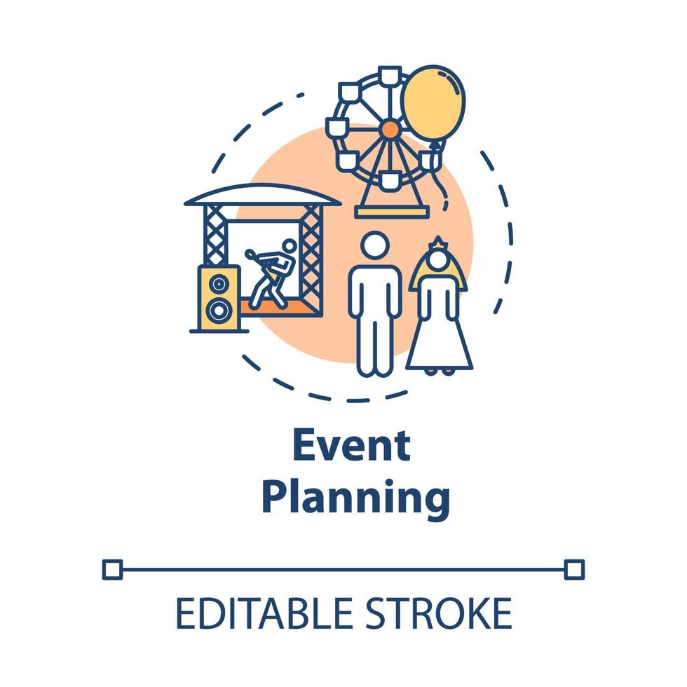 icône de concept de planification d'événements. représentation en concert. organisation de mariage. illustration de fine ligne d'idée d'agence professionnelle. dessin de couleur rvb contour isolé vectoriel. trait modifiable vecteur